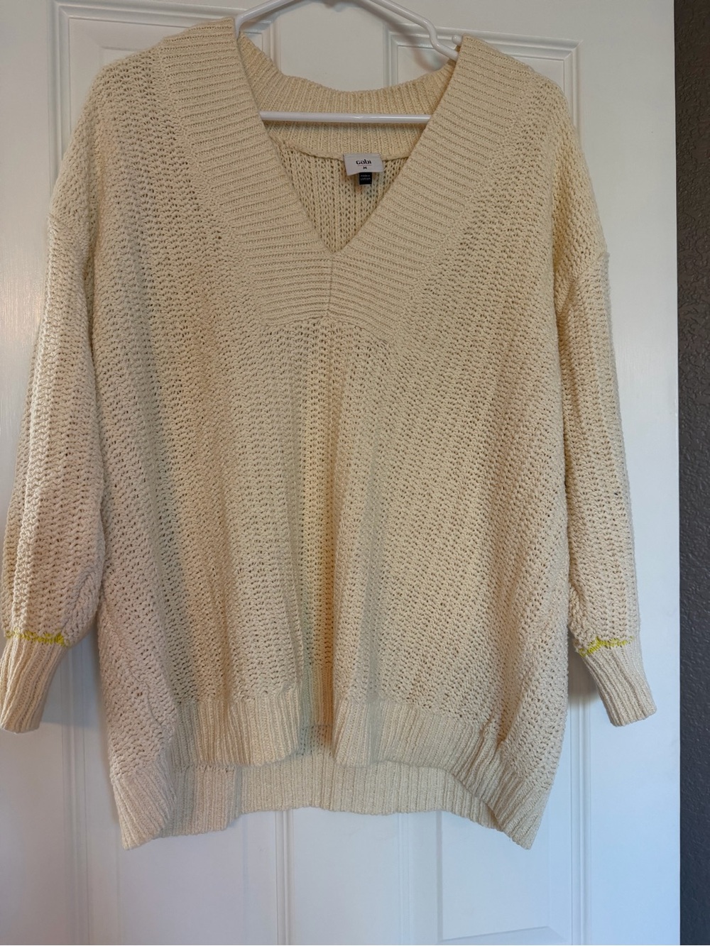 CAbi Cream Open-Knit V-Neck Sweater